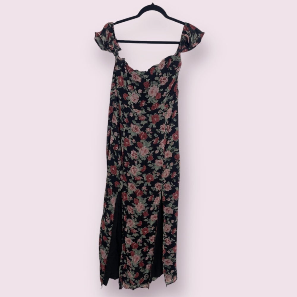 Maxi Floral Slit Puff Off Shoulder Sleeve Cottage Party Classy Elegant Hip Dress